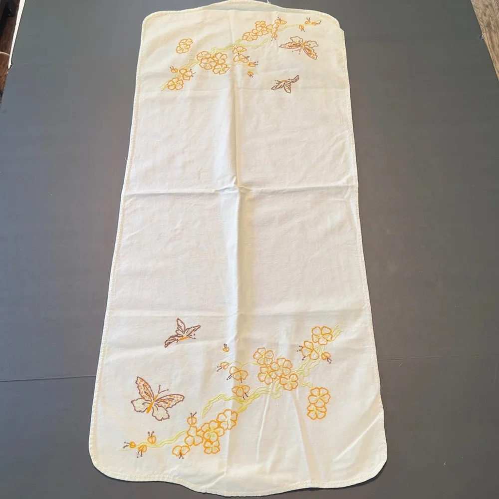 Vintage Embroidered Table Runner Beige Linen Yellow Floral Butterfly 36x15.5